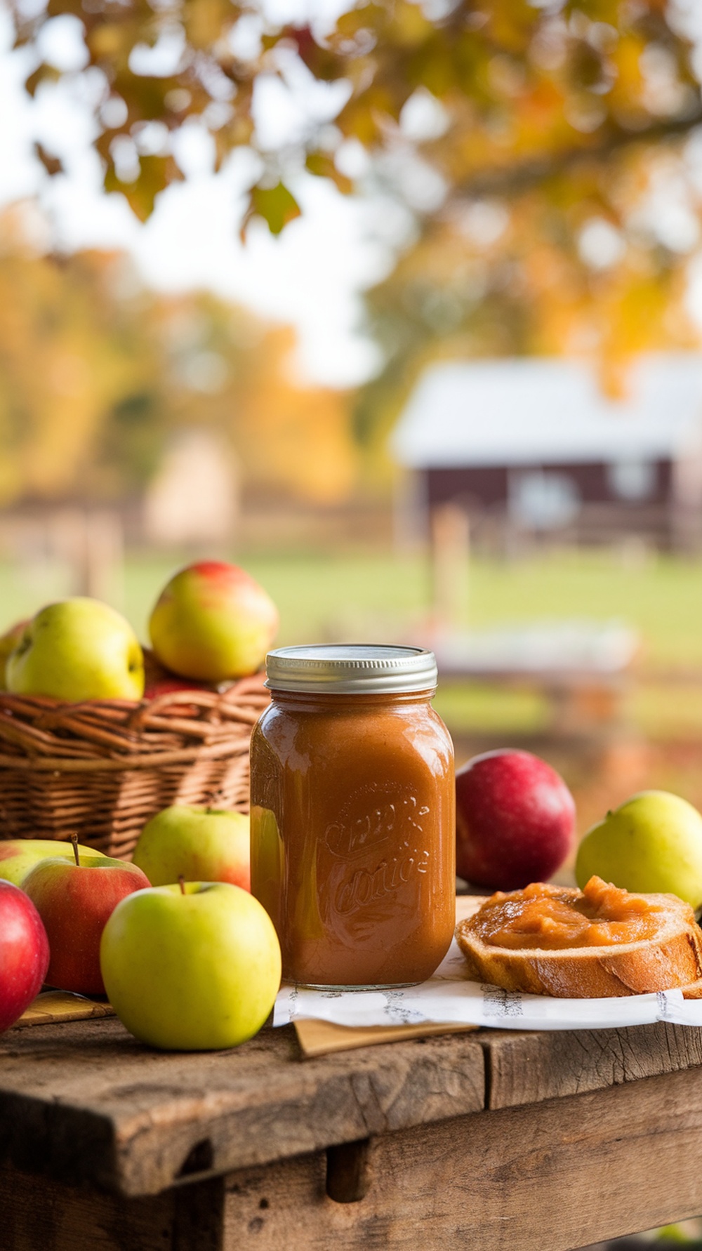 A jar of apple butter with fresh apples and a slice of bread on a wooden table.